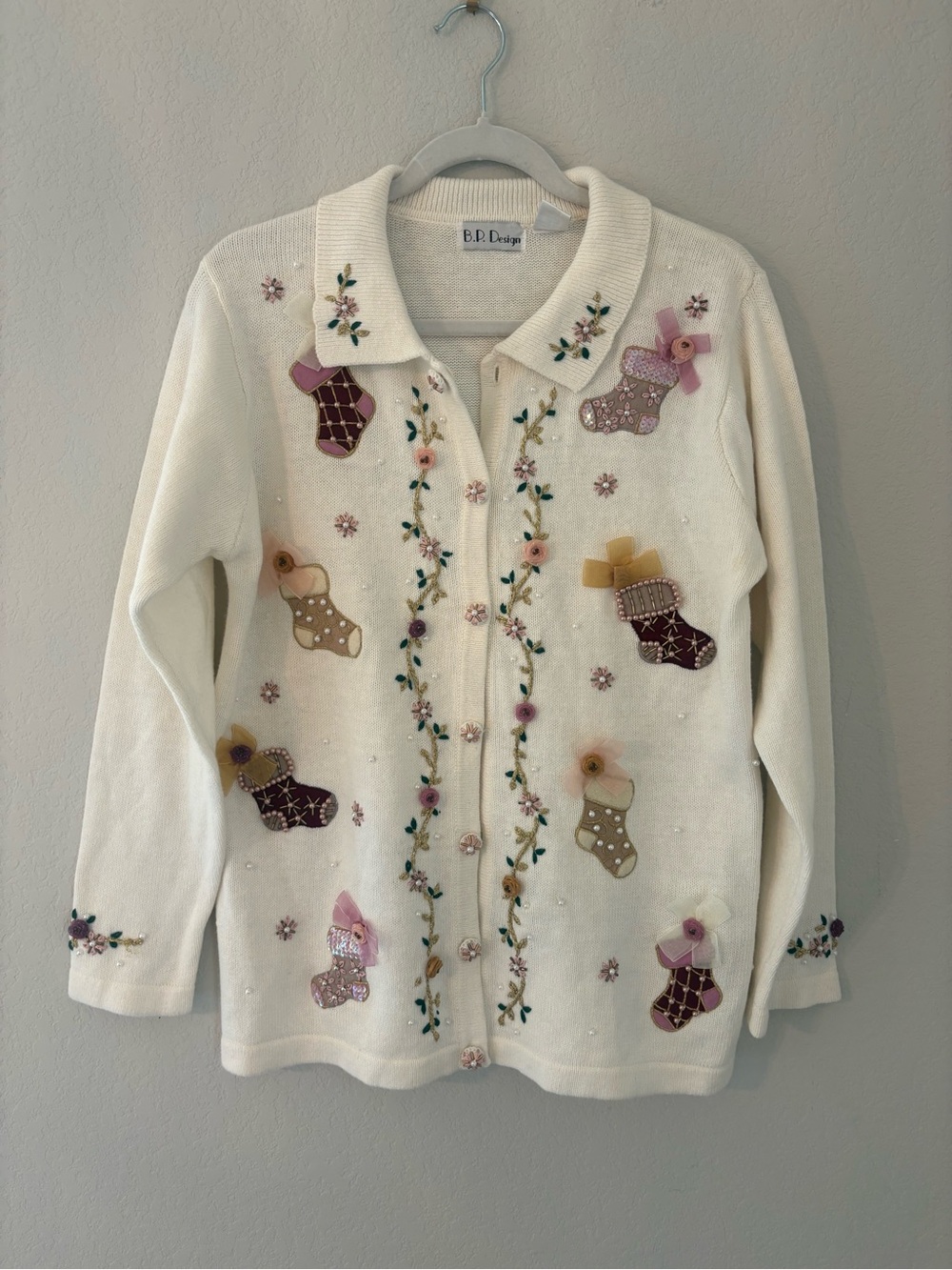 Vintage Festive Christmas Sweater Holiday Beaded Cardigan Small Knit Winter